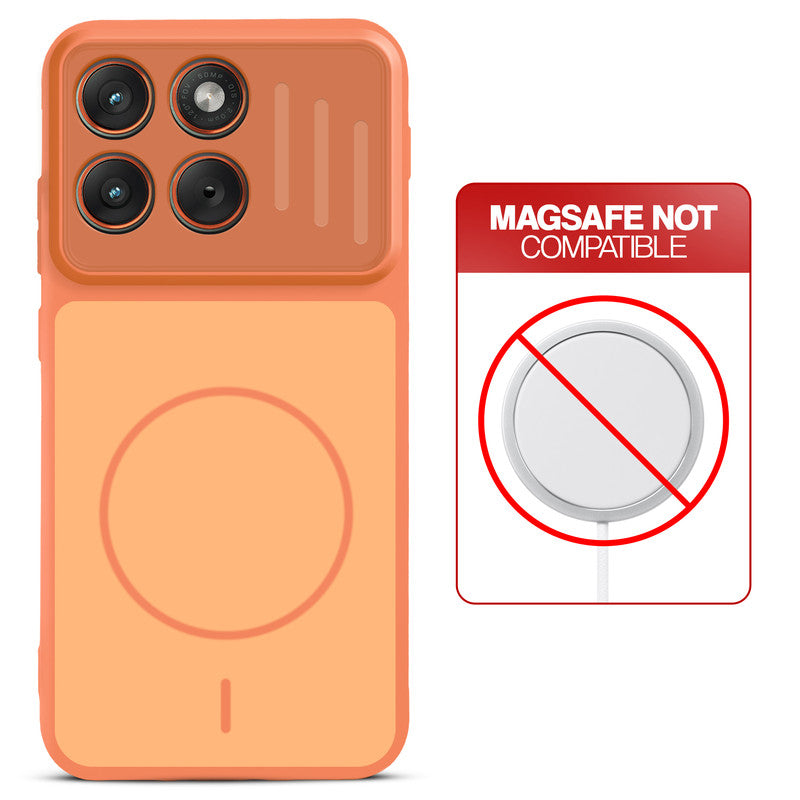 Orange back cover for Motorola Moto Edge 70 5G with printed ring pattern and message showing not compatible with MagSafe charging.