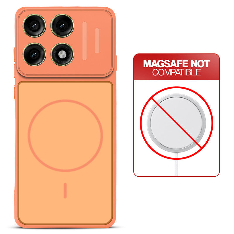 Orange back cover for Motorola Moto Edge 70 Pro 5G with printed ring pattern and message showing not compatible with MagSafe charging.