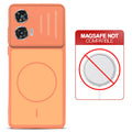 Orange back cover for Motorola Moto G85 5G with printed ring pattern and message showing not compatible with MagSafe charging.