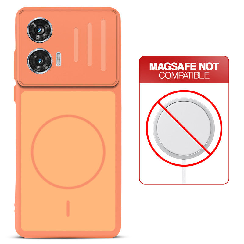 Orange back cover for Motorola Moto G85 5G with printed ring pattern and message showing not compatible with MagSafe charging.
