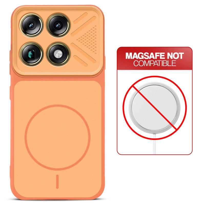 Orange back cover for Motorola Signature with printed ring pattern and message showing not compatible with MagSafe charging.