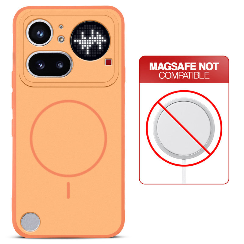 Orange back cover for Nothing Phone 4A Pro 5G with printed ring pattern and message showing not compatible with MagSafe charging.