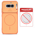 Orange back cover for Nothing Phone 4A 5G with printed ring pattern and message showing not compatible with MagSafe charging.