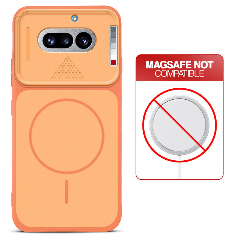 Orange back cover for Nothing Phone 4A 5G with printed ring pattern and message showing not compatible with MagSafe charging.
