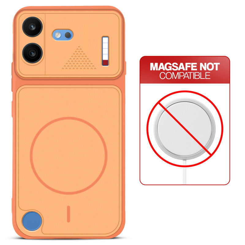 Orange back cover for Nothing Phone 4B 5G with printed ring pattern and message showing not compatible with MagSafe charging.