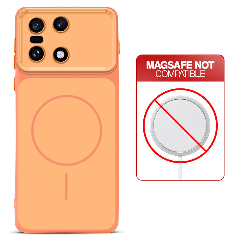Dual tone silicone Orange phone cover for OnePlus 15 5G showing wireless charging not supported notice