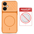 Orange back cover for OnePlus Nord CE 3 Lite 5G with printed ring pattern and message showing not compatible with MagSafe charging.