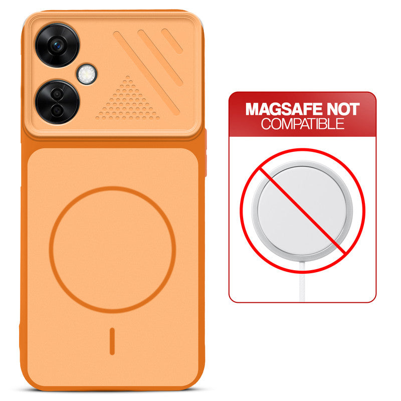 Orange back cover for OnePlus Nord CE 3 Lite 5G with printed ring pattern and message showing not compatible with MagSafe charging.