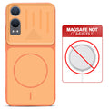 Orange back cover for OnePlus Nord CE 4 Lite 5G with printed ring pattern and message showing not compatible with MagSafe charging.