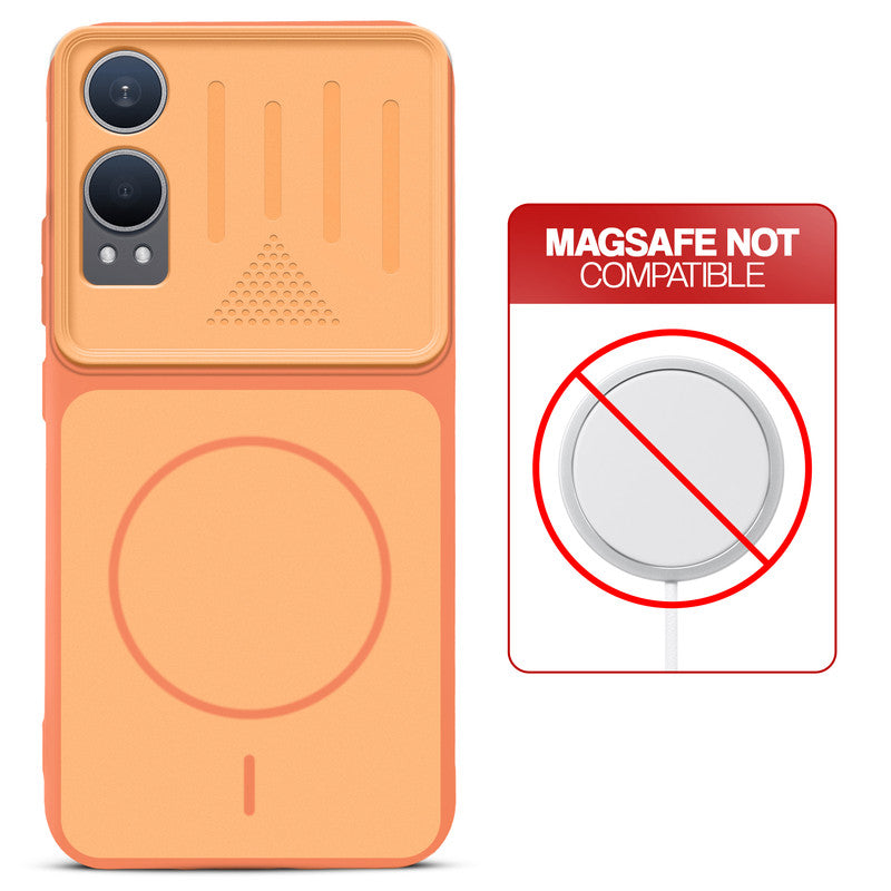Orange back cover for OnePlus Nord CE 4 Lite 5G with printed ring pattern and message showing not compatible with MagSafe charging.