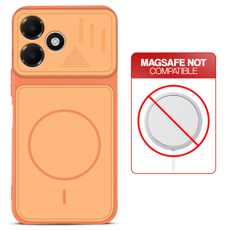 Orange back cover for Oppo A6C 4G with printed ring pattern and message showing not compatible with MagSafe charging.