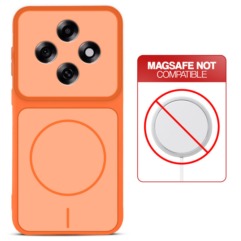 Orange back cover for Oppo F31 Pro 5G with printed ring pattern and message showing not compatible with MagSafe charging.