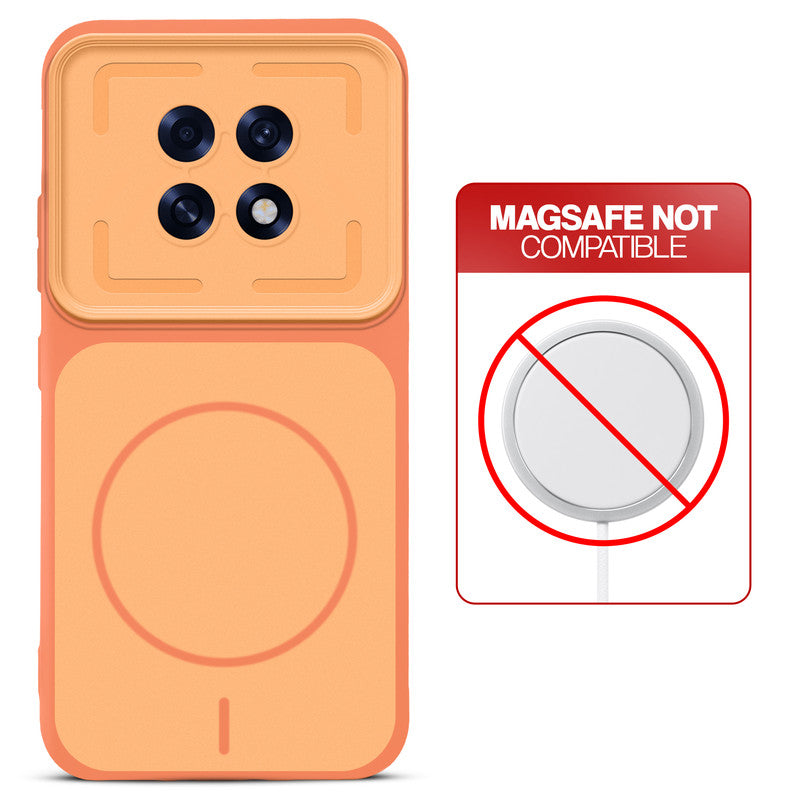 Orange back cover for Oppo F31 Pro Plus 5G with printed ring pattern and message showing not compatible with MagSafe charging.