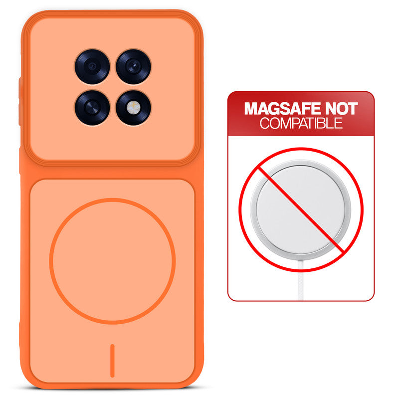 Orange back cover for Oppo F31 Pro Plus 5G with printed ring pattern and message showing not compatible with MagSafe charging.