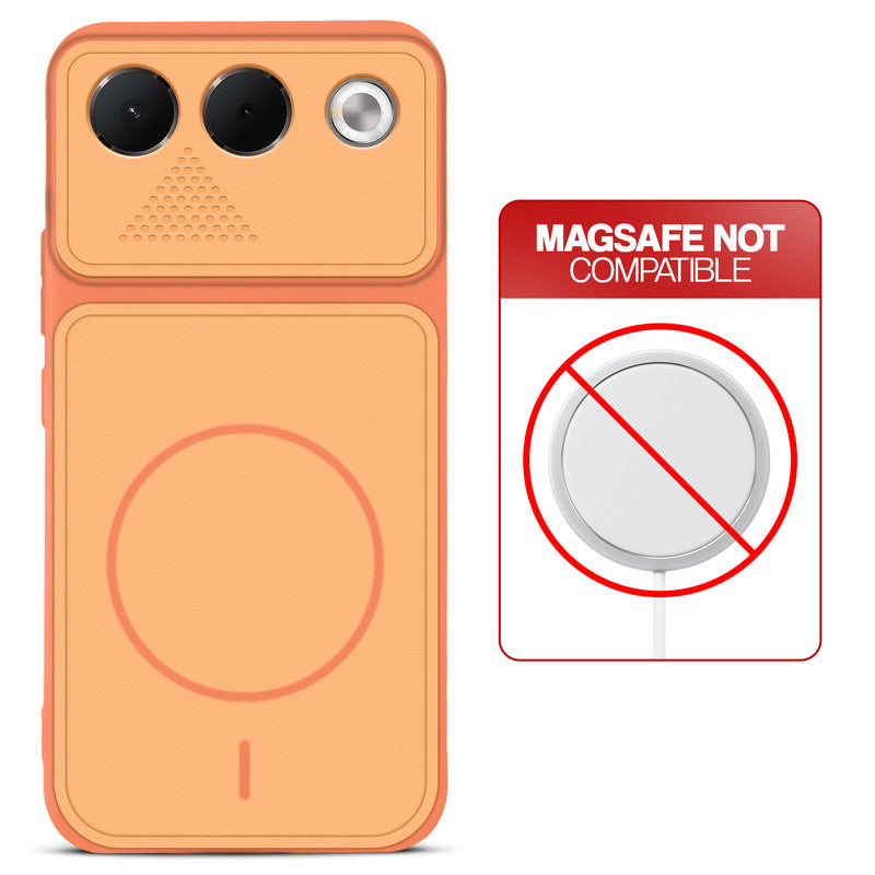 Orange back cover for Oppo F35 5G with printed ring pattern and message showing not compatible with MagSafe charging.