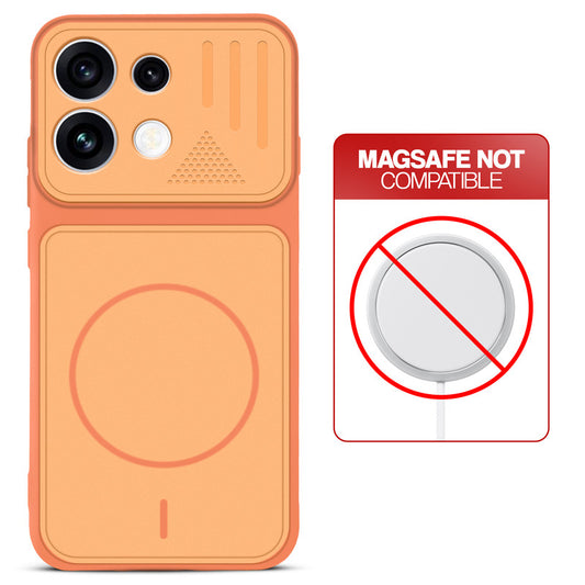 Orange back cover for Oppo Reno 16 Pro 5G with printed ring pattern and message showing not compatible with MagSafe charging.