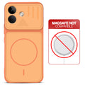 Orange back cover for POCO X8 5G with printed ring pattern and message showing not compatible with MagSafe charging.