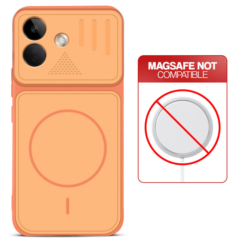 Orange back cover for POCO X8 5G with printed ring pattern and message showing not compatible with MagSafe charging.