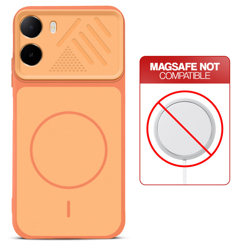 Orange back cover for Poco C81 4G with printed ring pattern and message showing not compatible with MagSafe charging.