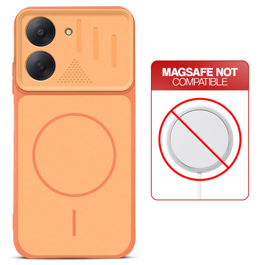 Orange back cover for Poco C81x 4G with printed ring pattern and message showing not compatible with MagSafe charging.