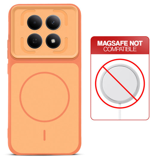 Orange back cover for Poco M8 5G with printed ring pattern and message showing not compatible with MagSafe charging.