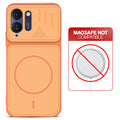 Orange back cover for Poco M8x 5G with printed ring pattern and message showing not compatible with MagSafe charging.