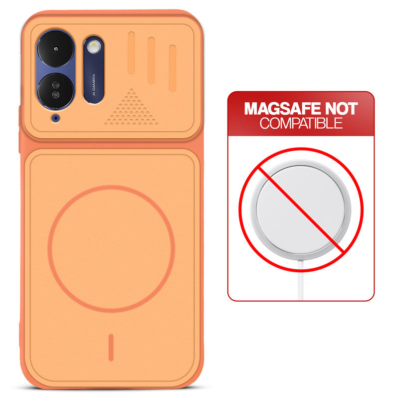 Orange back cover for Poco M8x 5G with printed ring pattern and message showing not compatible with MagSafe charging.