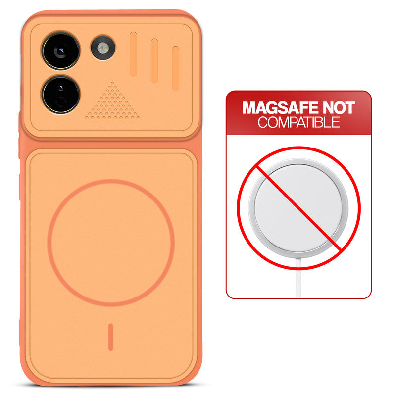 Orange back cover for Poco X8 Power 5G with printed ring pattern and message showing not compatible with MagSafe charging.