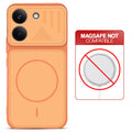 Orange back cover for Poco X8 Pro 5G with printed ring pattern and message showing not compatible with MagSafe charging.