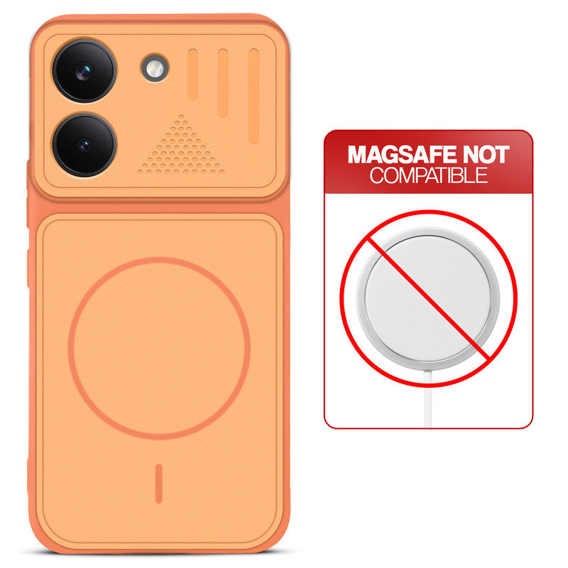 Orange back cover for Poco X8 Pro 5G with printed ring pattern and message showing not compatible with MagSafe charging.