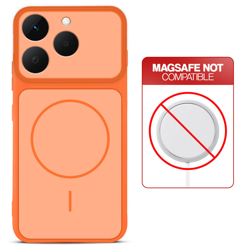 Orange back cover for Realme 15T 5Gwith printed ring pattern and message showing not compatible with MagSafe charging.