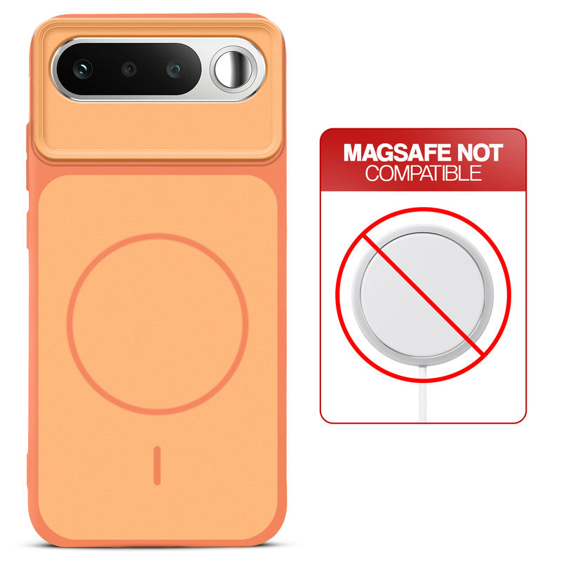 Orange back cover for Realme 16 5G with printed ring pattern and message showing not compatible with MagSafe charging.