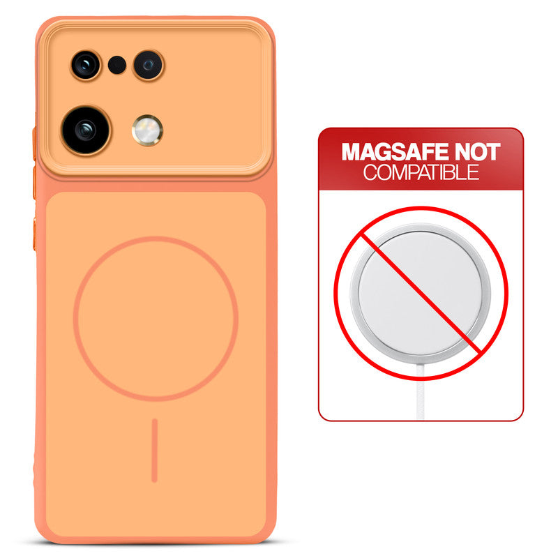 Dual tone silicone Orange phone cover for Realme 16 Pro Plus 5G showing wireless charging not supported notice