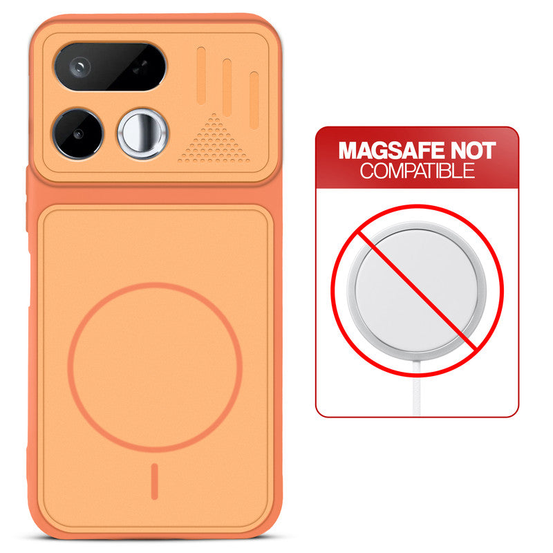 Orange back cover for Realme 16T 5G with printed ring pattern and message showing not compatible with MagSafe charging.