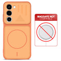 Orange back cover for Realme 16x 5G with printed ring pattern and message showing not compatible with MagSafe charging.
