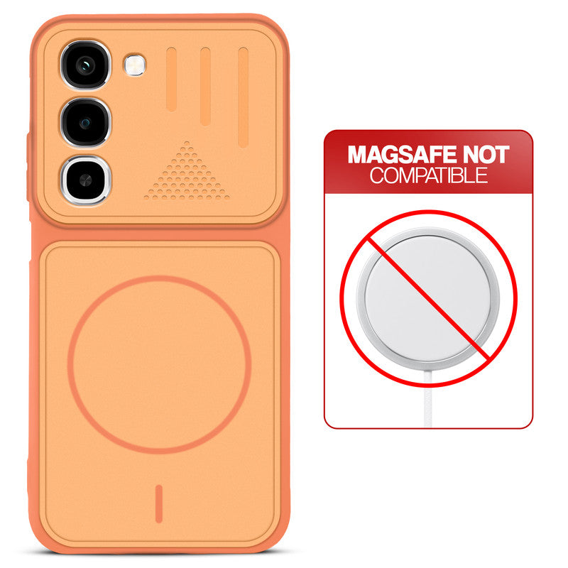 Orange back cover for Realme 16x 5G with printed ring pattern and message showing not compatible with MagSafe charging.