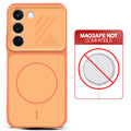 Orange back cover for Realme C83 5G with printed ring pattern and message showing not compatible with MagSafe charging.