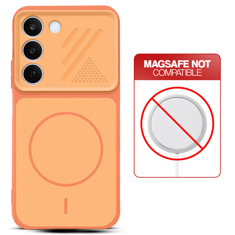Orange back cover for Realme C83 5G with printed ring pattern and message showing not compatible with MagSafe charging.