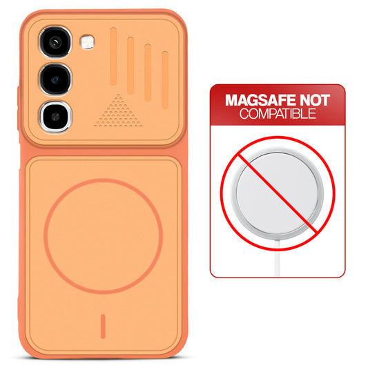 Orange back cover for Realme P4R 5G with printed ring pattern and message showing not compatible with MagSafe charging.