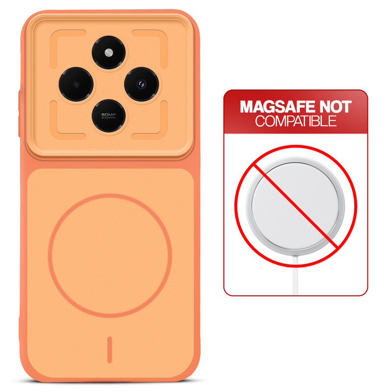 Orange back cover for Redmi 14C 5G with printed ring pattern and message showing not compatible with MagSafe charging.
