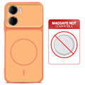 Orange back cover for Redmi 15A 5G with printed ring pattern and message showing not compatible with MagSafe charging.