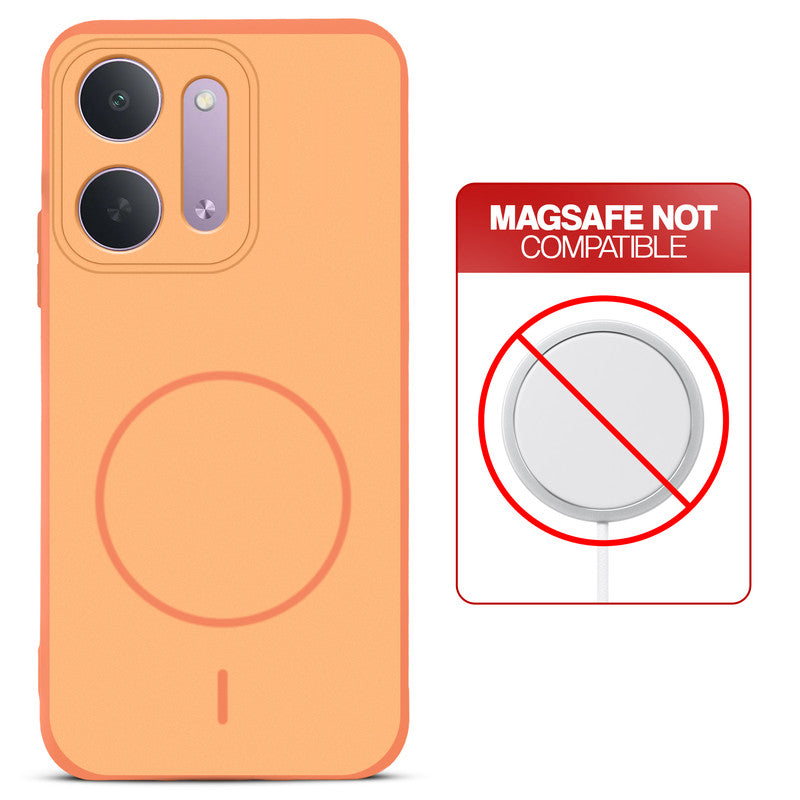 Orange back cover for Redmi 17C 5G with printed ring pattern and message showing not compatible with MagSafe charging.