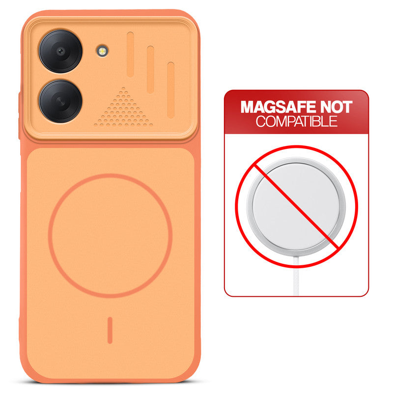 Orange back cover for Redmi A7 4G with printed ring pattern and message showing not compatible with MagSafe charging.