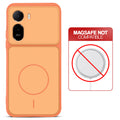 Orange back cover for Redmi A7 Pro 5G with printed ring pattern and message showing not compatible with MagSafe charging.