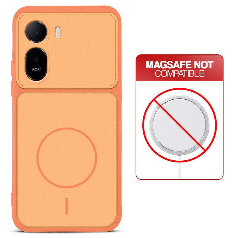 Orange back cover for Redmi A7 Pro 5G with printed ring pattern and message showing not compatible with MagSafe charging.