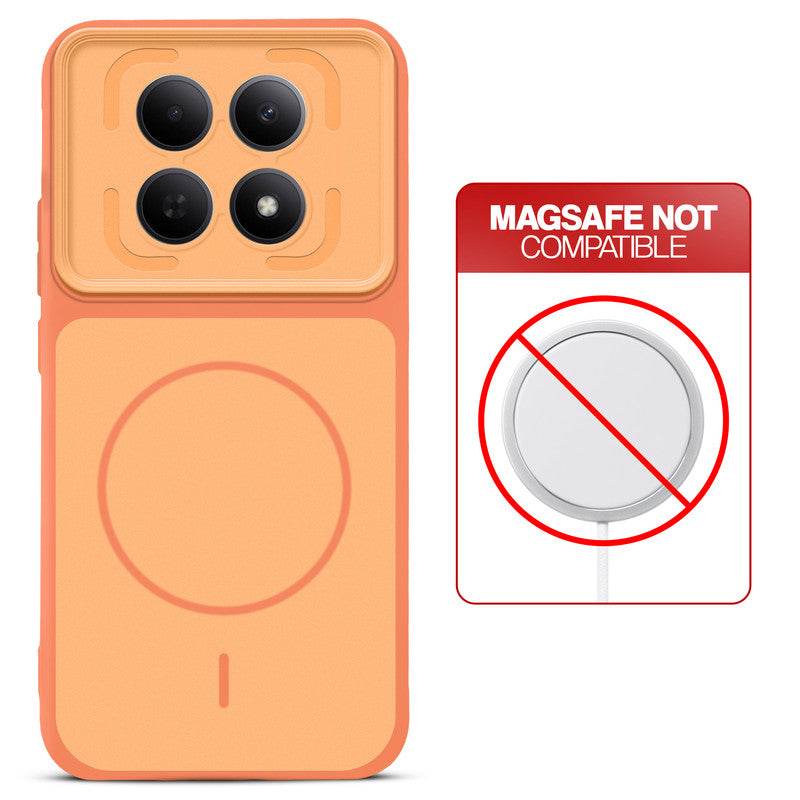 Orange back cover for Redmi Note 15 5G with printed ring pattern and message showing not compatible with MagSafe charging.