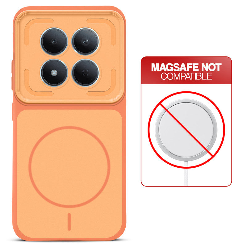 Orange back cover for Redmi Note 15 Pro 5G with printed ring pattern and message showing not compatible with MagSafe charging.