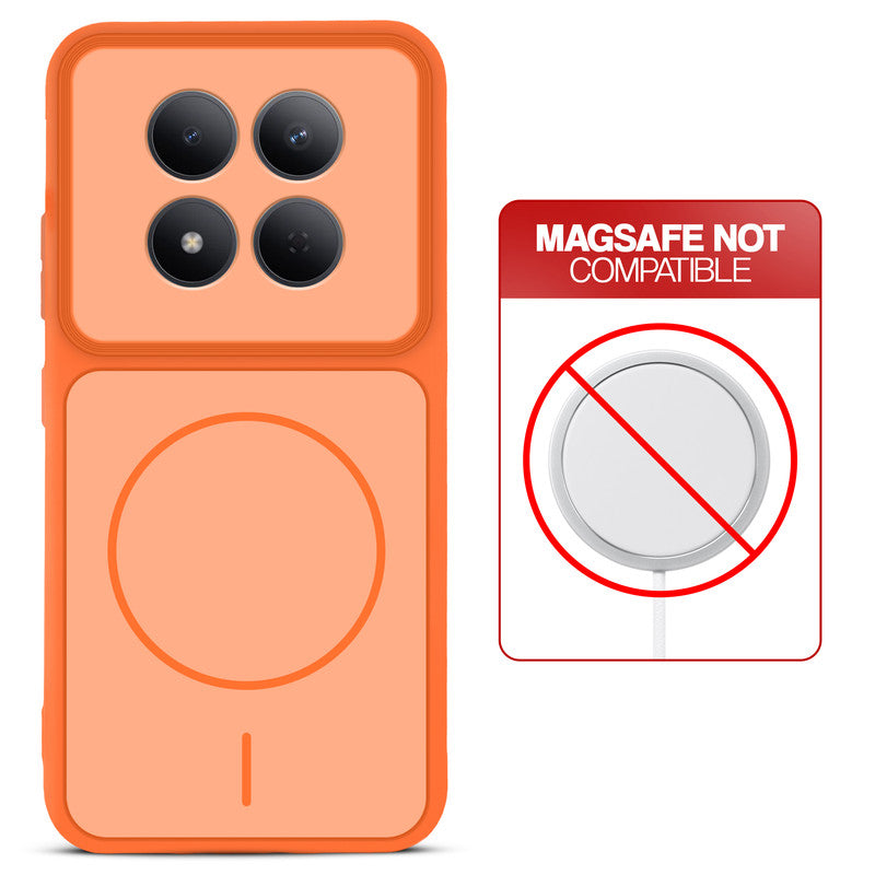 Orange back cover for Redmi Note 15 Pro 5G with printed ring pattern and message showing not compatible with MagSafe charging.