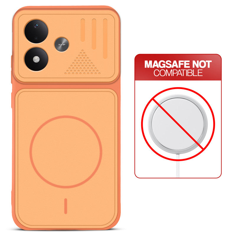 Orange back cover for Redmi Note 17 5G with printed ring pattern and message showing not compatible with MagSafe charging.