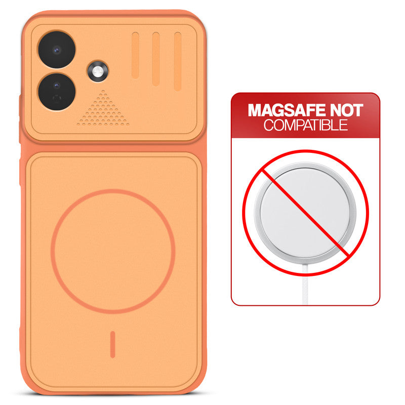 Orange back cover for Redmi Note 17 Pro 5G with printed ring pattern and message showing not compatible with MagSafe charging.